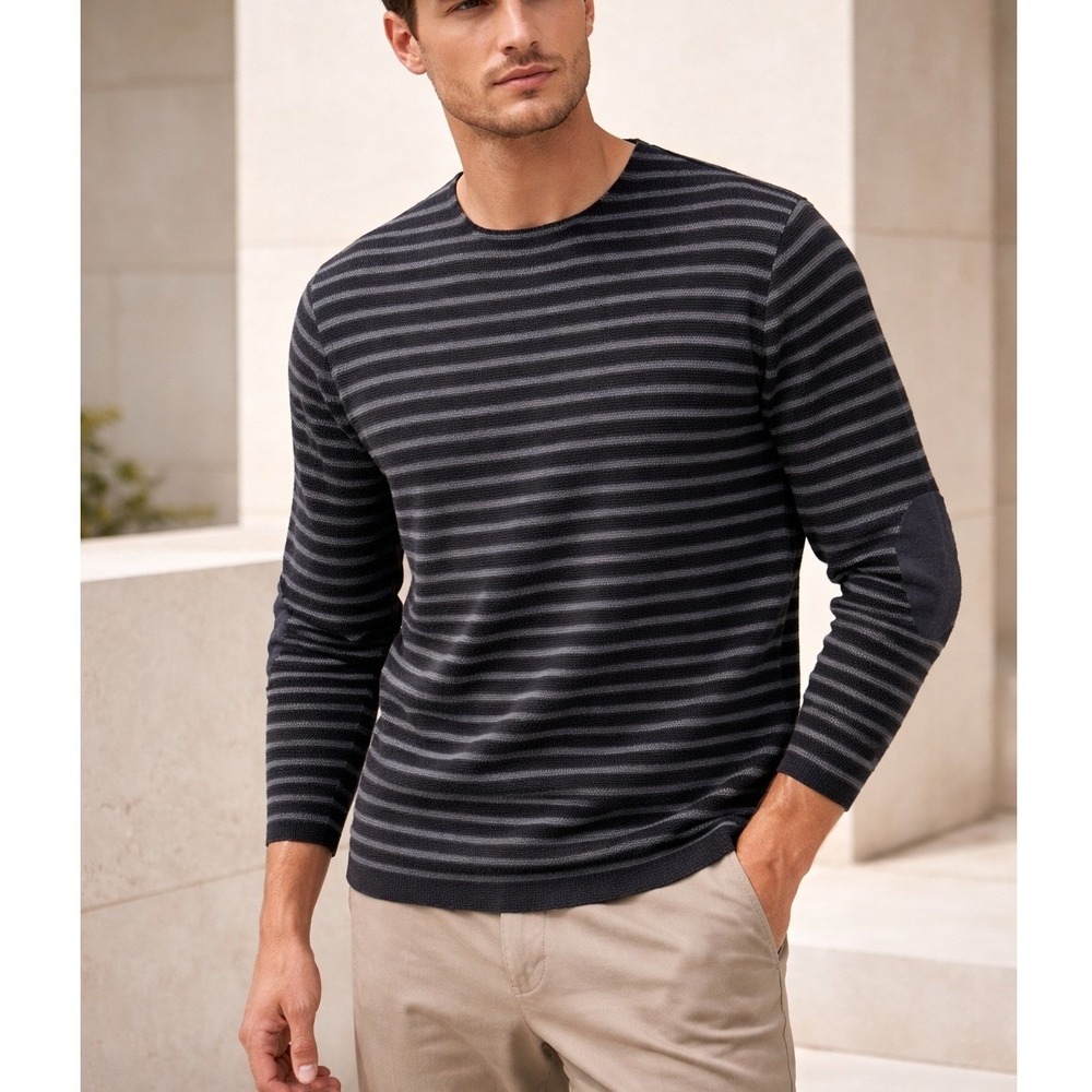 Hannes Roether Striped Sweater Mens M Charcoal Grey Virgin Wool Elbow Patches